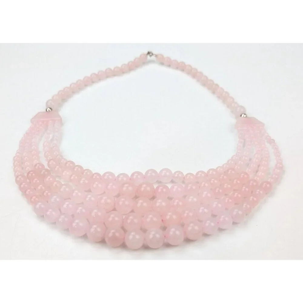 Graduated Pink Rose Quartz Beaded Bib Necklace & Bracelet Sterling Silver 925 - Picture 8 of 10